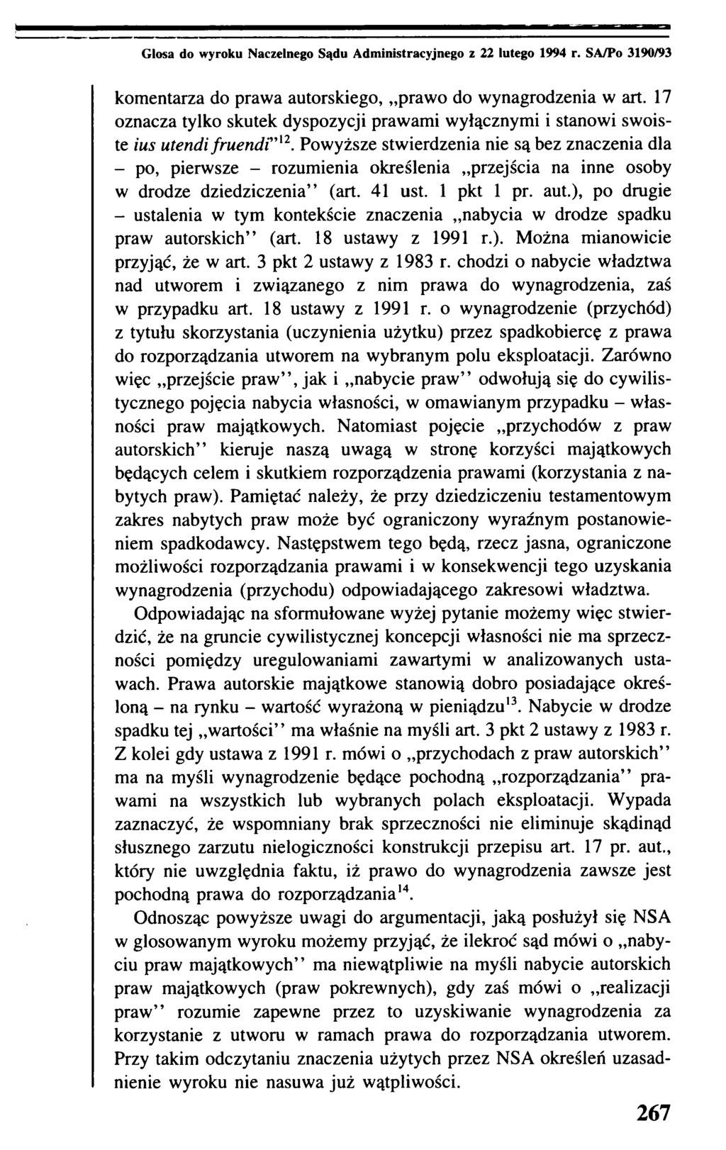 Glosa do wyroku Naczelnego Sądu Administracyjnego z 22 lutego 1994 r. SA/Po 3190/93 komentarza do prawa autorskiego, prawo do wynagrodzenia w art.