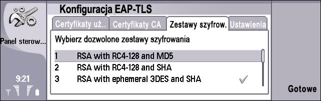 urz±dzeniu certyfikaty urzêdu. Wszystkie certyfikaty s± domy lnie wy³±czone. Zestawy szyfrowania - Wybierz zestawy szyfrowania TLS, które bêd± u ywane z tym punktem dostêpu do internetu.