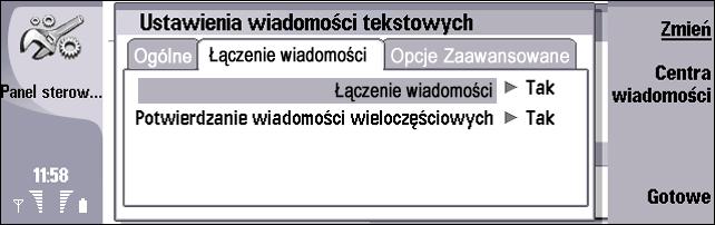 2 Naci nij Menu, aby przej æ na stronê ±czenie wiadomo ci i okre liæ nastêpuj±ce opcje: ±czenie wiadomo ci - Wybierz Tak, aby wys³aæ do innych urz±dzeñ wiadomo æ tekstow± d³u sz± ni 160 znaków jako