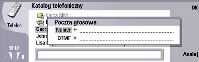 Konfigurowanie skrzynki poczty g³osowej (us³uga sieciowa) Naci nij kolejno: Telefon Poczta g³osowa lub naci nij przycisk Telefon Menu Ustawienia Skrzynki poczty g³osowej.