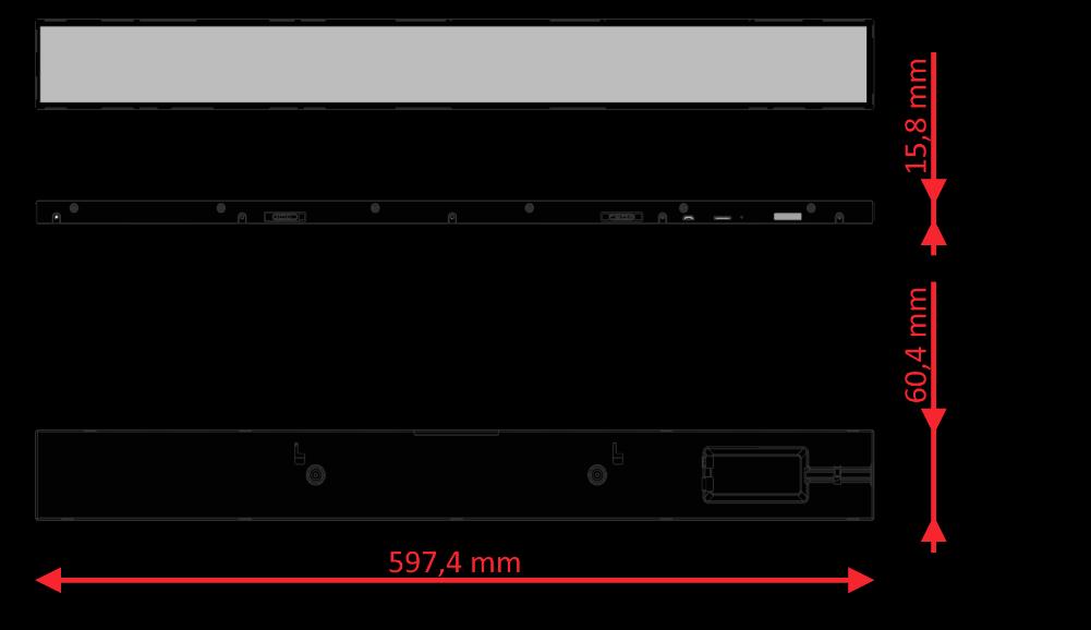 WYMIARY I DANE TECHNICZNE Listwa LCD 23,1 Wyświetlacz Specyfikacja mechaniczna Obszar aktywny 585.6 (Długość) * 48.19 (Szerokość) mm Wymiar zewnętrzny 597.4 (Długość) * 60.4 (Szerokość) * 15.