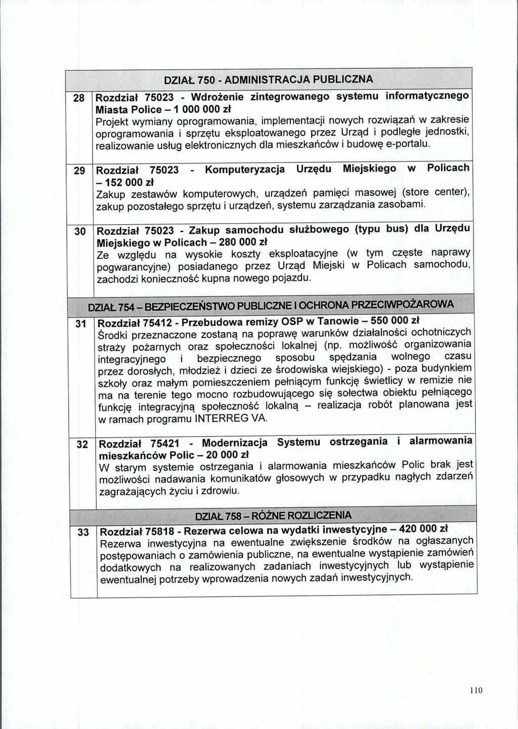 DZIAŁ 750 - ADMINISTRACJA PUBLICZNA 28 Rozdział 75023 - Wdrożenie zintegrowanego systemu informatycznego Miasta Police 1 000 000 zł Projekt wymiany oprogramowania, implementacji nowych rozwiązań w