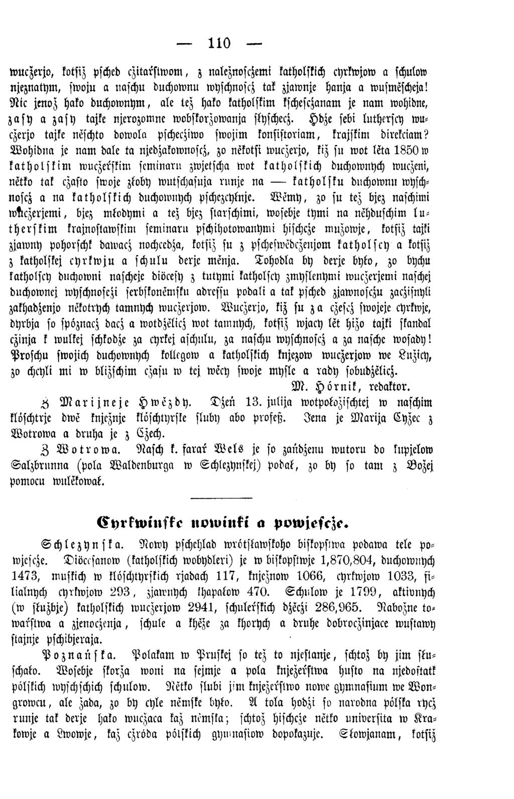 110 wuczerjo, kotsiz psched czitarslw om, z naleznosczemi katholskich cyrkwjow a schulow njeznatym, swoju a naschu duchownu wyschnoscz tos zjawnje hanja a wusmescheja!