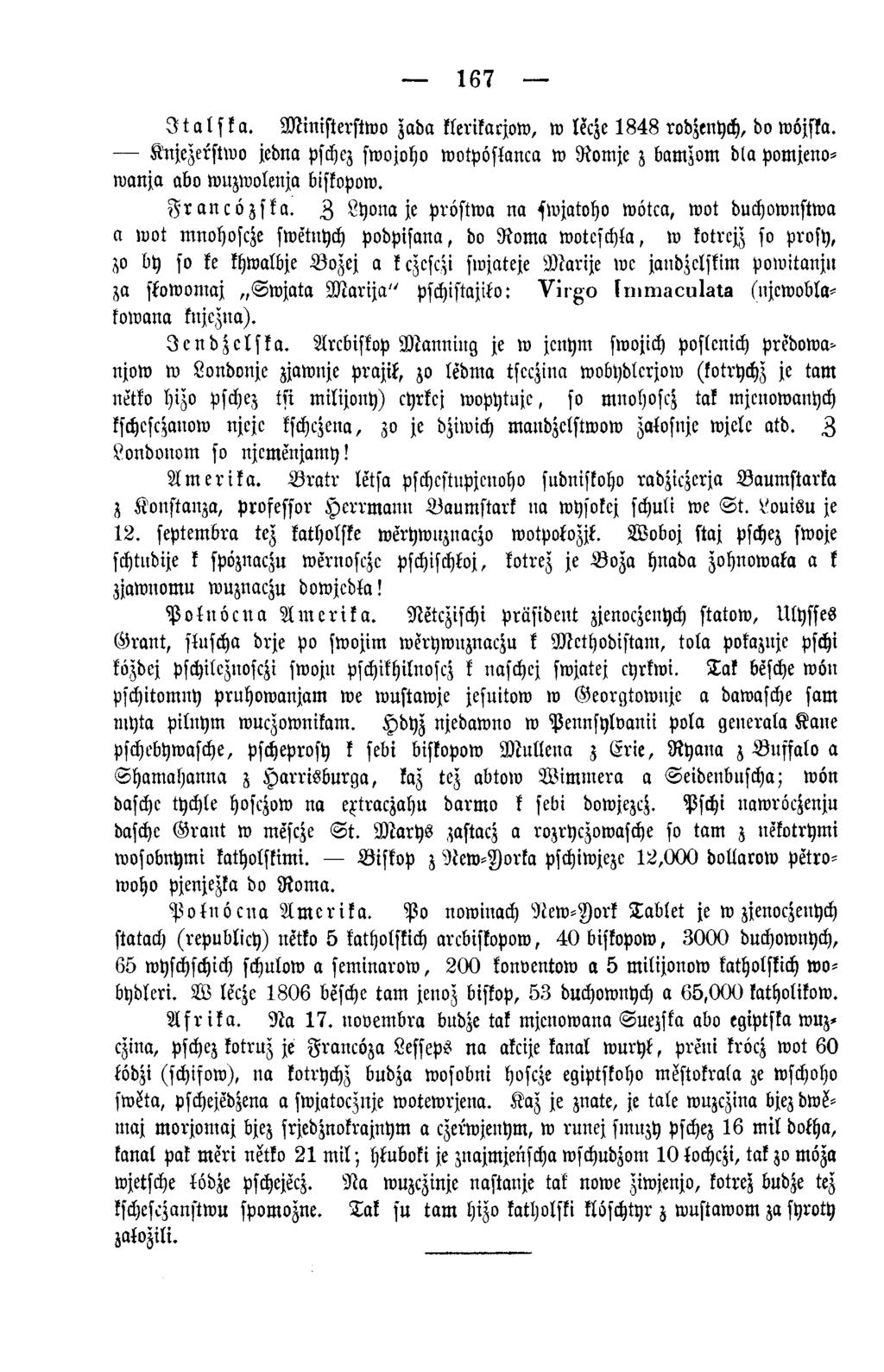 167 J ta ls k a. M inisterstw o zada klerikacjow, w lecze 1 8 4 8 rodzenych, do wöjska. Knjezerstwo jedna pschez swojoho w otpöslanca w R om je z bamzom dla pomjenowanja abo wuzwolm ja biskopow.
