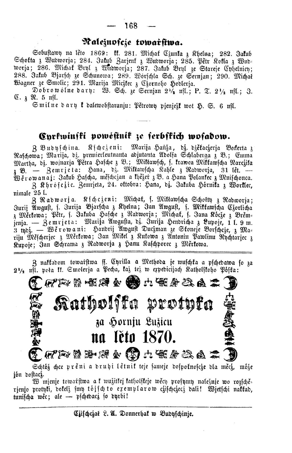 168 dtaleznofcze towarstwa. Sobustaw y na leto 1 8 6 9 : kk. 2 8 1. M ichat Czunka z K helna; 2 8 2. Iakub S ch o tt«z W udworja; 2 8 4. Iakub Zarjenk z W udw orja; 2 8 5.
