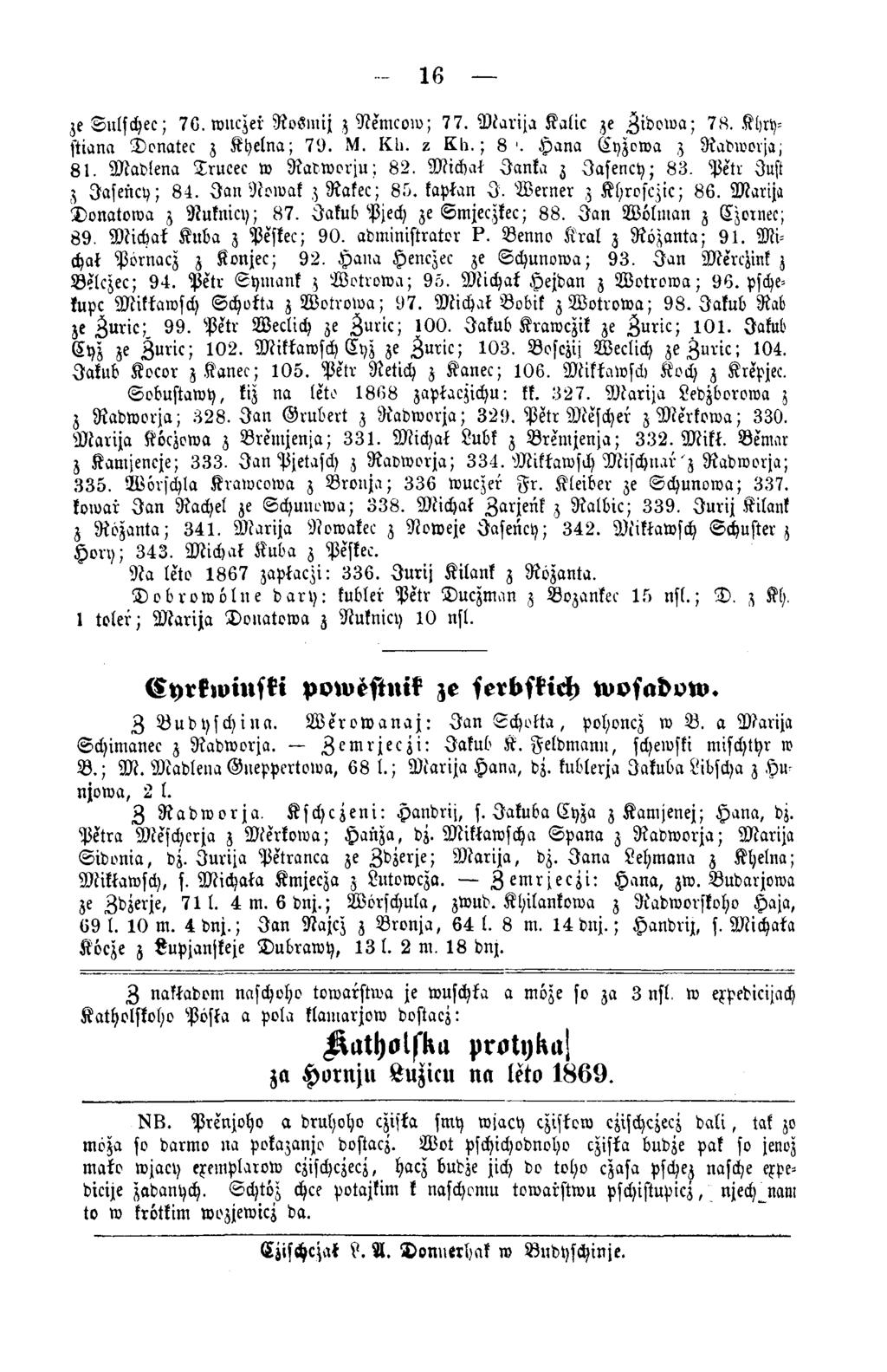 16 ze Sulschec; 7G. roucjev Rosm ij z Nemcow; 77. M arija Kalic ze Zidowa; 78. Khrystiana Donatec z Khelna; 70. M. Kli. z Kh.; 8 '. Hana Cyzowa z 9t»broer)a; 81. Madlena Trueec w Radworju; 82.