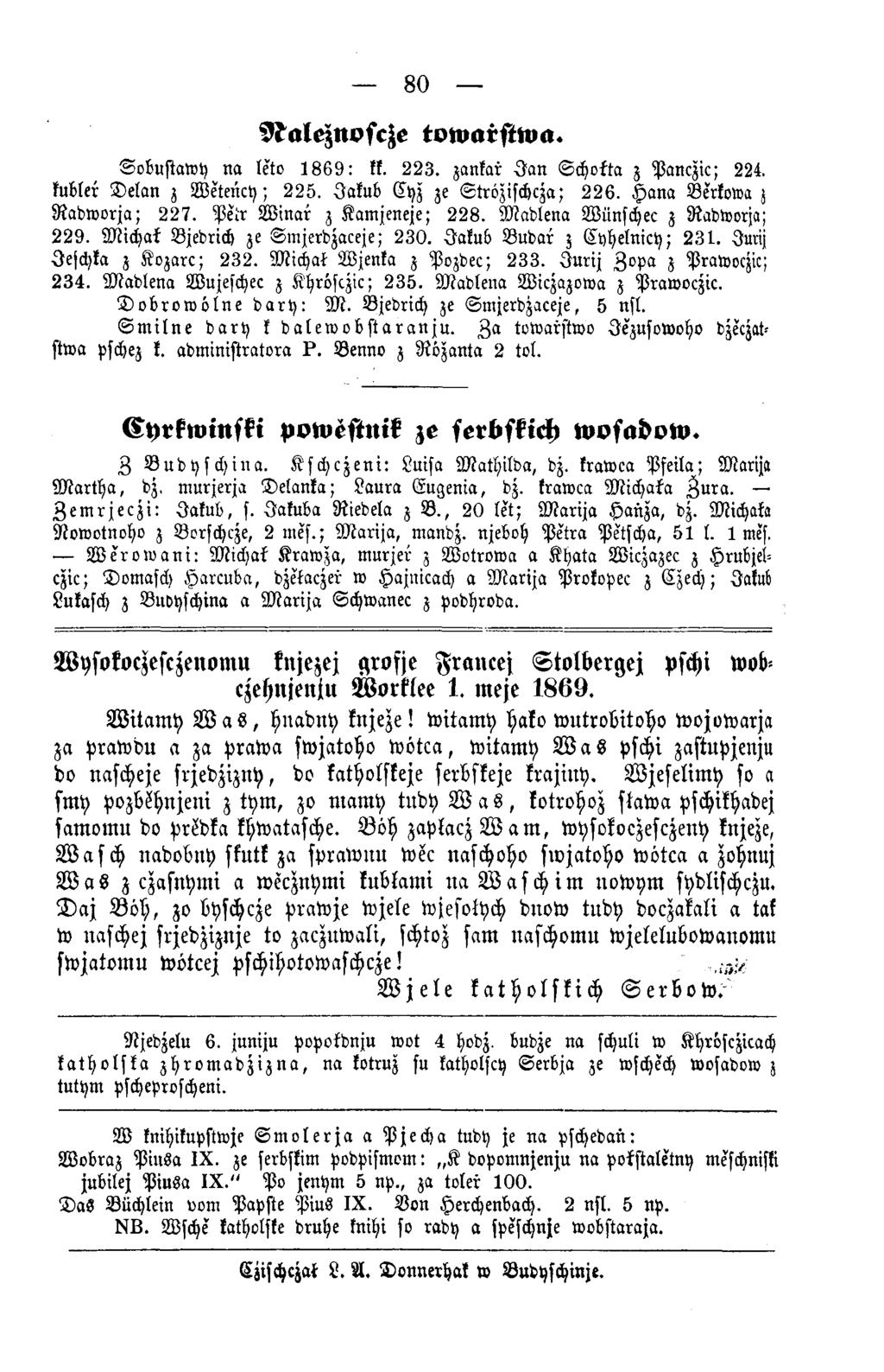 80 NaleznoscZe towarstwa. S o b u s ta w y n a leto 1 8 6 9 : kk. 2 2 3. zankar J a n S c h o it a z P a n czic; 224. kubler D e la n z W e te n c y ; 2 2 5. Jak u b C yz ze S tro zisch cza; 2 2 6.