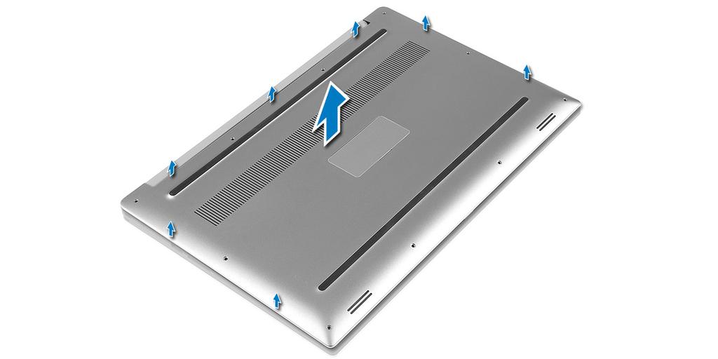 Instalowanie pokrywy dolnej 1 Załóż pokrywę dolną na komputer i wciśnij na miejsce. 2 Wkręć śruby M2x3 T5 (10), M2x8 (2) mocujące pokrywę dolną do komputera.