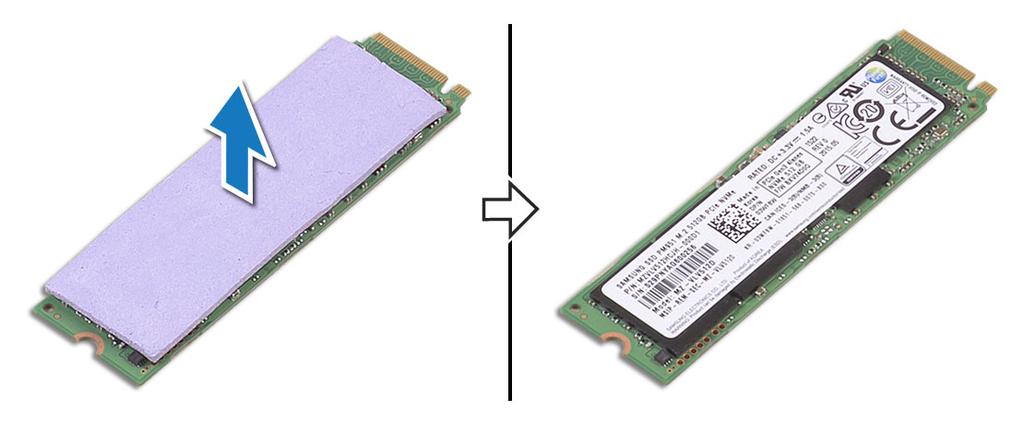 Instalowanie karty M.2 SSD 1 Przyklej podkładkę termoprzewodzącą do karty M.2 SSD. UWAGA: Podkładka termoprzewodząca ma zastosowanie wyłącznie do karty PCIe SSD. 2 Wsuń kartę M.