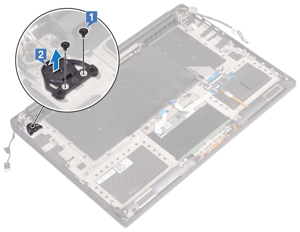 Instalowanie przycisku zasilania 1 Umieść przycisk zasilania w gnieździe w obudowie. 2 Wkręć śruby M2x4 (2) mocujące przycisk zasilania do płyty systemowej.