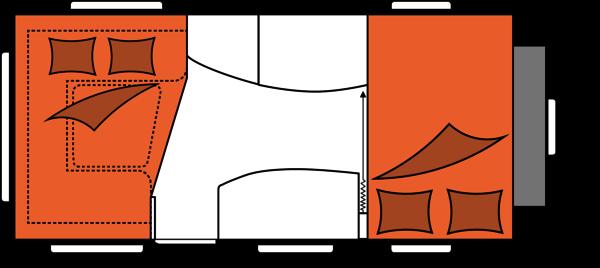 Wymiar obiegowy przedsionka Liczba miejsc do spania (dorośli / dzieci) 4 Miejsce do leżenia, łóżko z materacem 140x200 cm (długość x szerokość) Miejsce do leżenia, przebudowa łóżek w