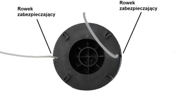 Do korpusu E włożyć podkładkę pod sprężynę i sprężynę. 7. W otwór szpuli włożyć podkładkę metalową. 8. Uważając żeby ze szpuli nie wypadła podkładka, wsunąć końce żyłki w otwory korpusu głowicy.
