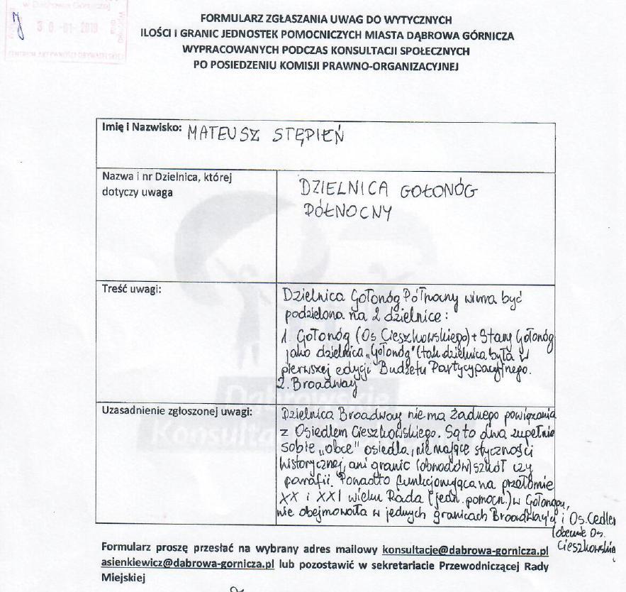 38 S t r o n a Uwaga Radnego Mateusza Stępnia: podział dzielnicy