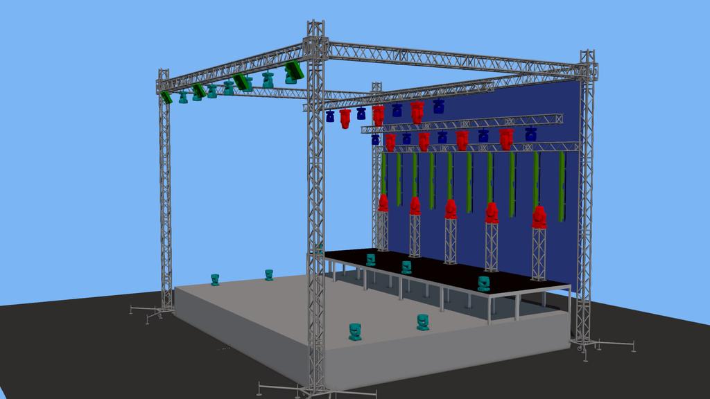 Ostatnia kreska oświetleniowa powinna być ruchoma w celu dopasowania wysokości aparatów Rozmiary sceny: preferowany 10m x 18m (min 8m szerokość x 6m głębokość) wysokość min 7m wysokość podestów min