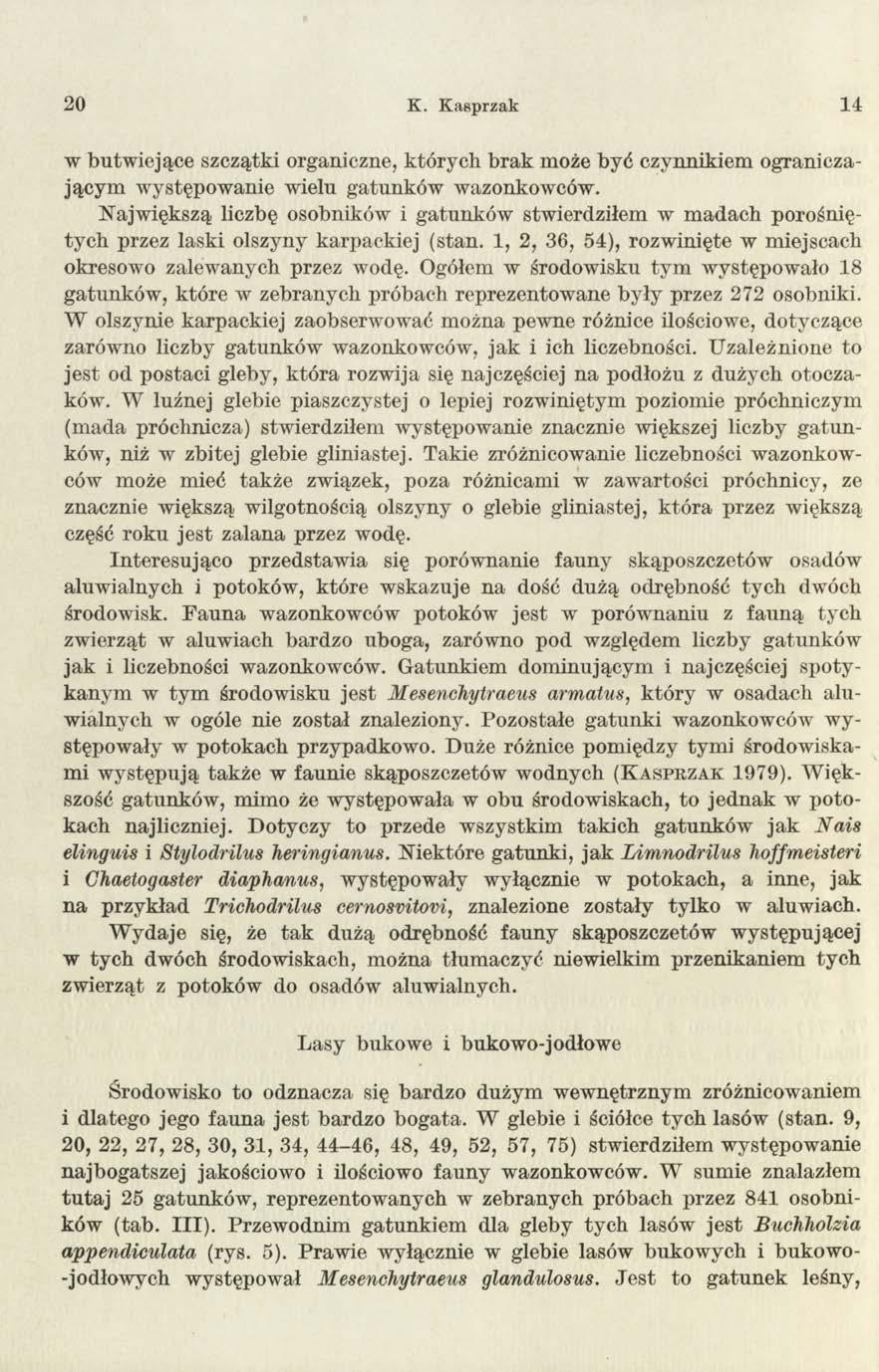 20 K. Kasprzak 14 w butw iejące szczątki organiczne, któ ry ch b rak może być czynnikiem ograniczający m w ystępow anie wielu gatunków wazonkowców.