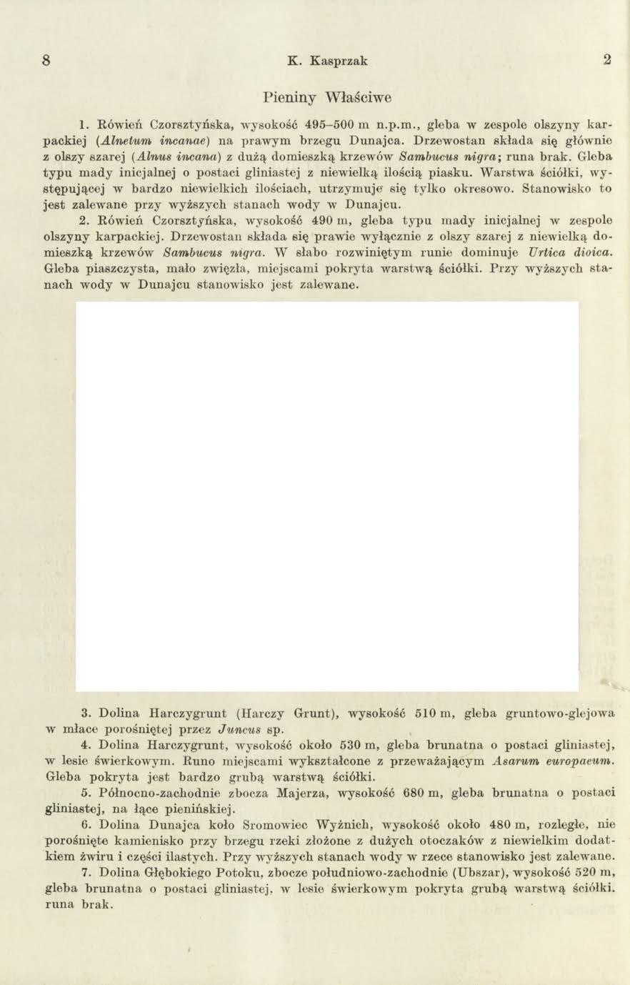 8 K. Kasprzak 2 Pieniny W łaściwe 1. Rówień Czorsztyńska, wysokość 495-500 m n.p.m., gleba w zespole olszyny k a r packiej (Alnetum incanae) na praw ym brzegu D unajca.