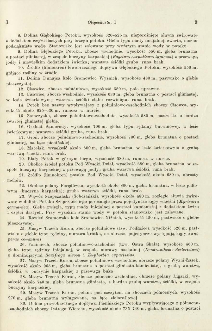 3 Oligochaeta. I 8. D olina Głębokiego Potoku, wysokość 520-525 m, nieporośnięte aluwia żwirowate z dodatkiem części ilastych przy brzegu potoku.