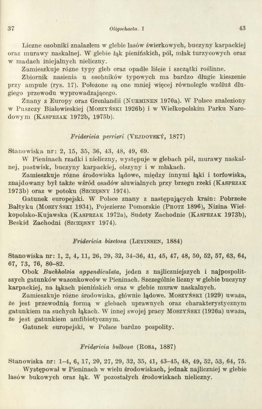 37 Oligochaeta. I 43 Liczne osobniki znalazłem w glebie lasów świerkowych, buczyny karpackiej oraz m uraw y naskalnej.