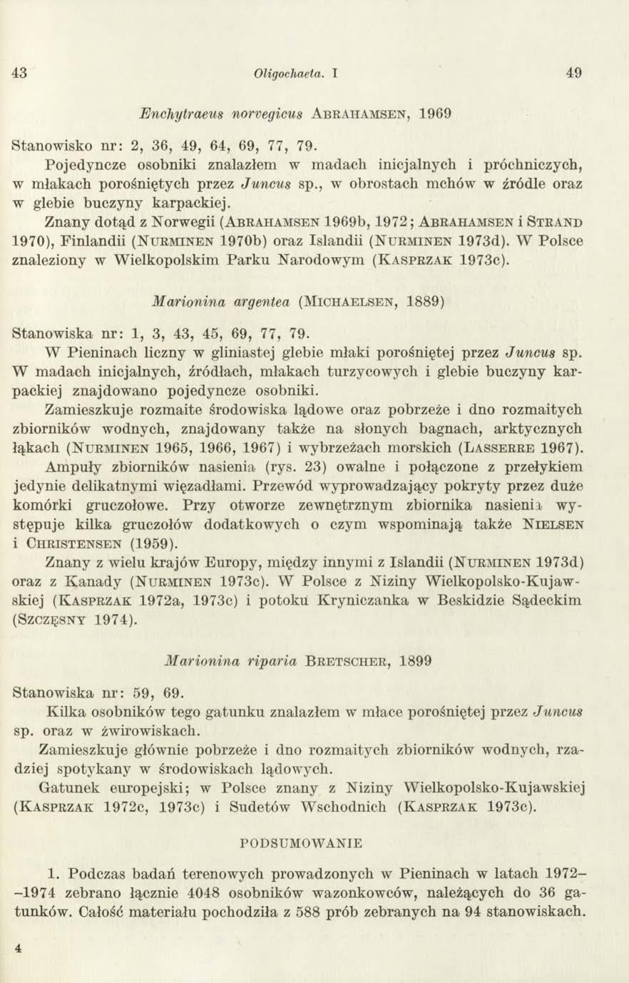 43 Oligochaeta. I 49 Enchytraeus norvegicus A b r a h a m s e n, 1969 Stanow isko n r: 2, 36, 49, 64, 69, 77, 79.