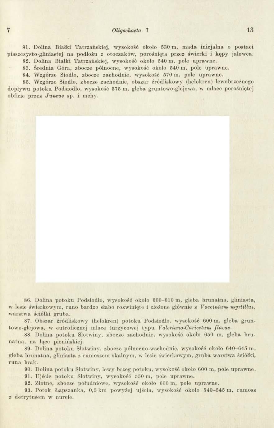 7 Oligochaeta. I 13 81. Dolina Białki Tatrzańskiej, wysokość około 530 m, m ada inicjalna o postaci piaszczysto-gliniastej na podłożu z otoczaków, porośnięta przez świerki i kępy jałow ca. 82.