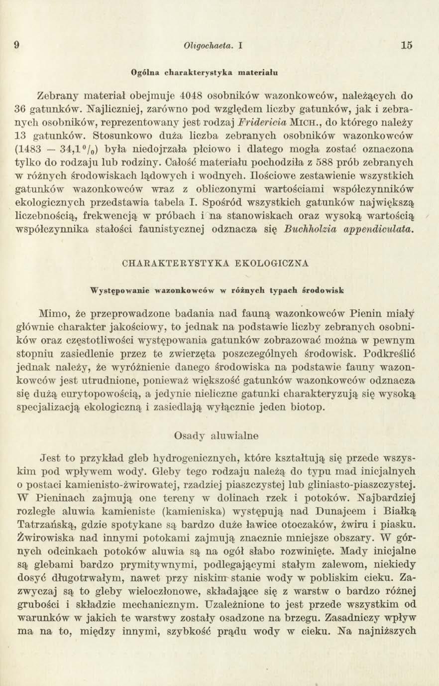 9 Ohgochaeta. I 15 Ogólna charakterystyka materiału Zebrany m ateriał obejm uje 4048 osobników wazonkowców, należących do 36 gatunków.