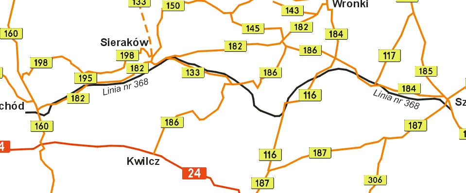 Schemat istniejącego podstawowego układu drogowego, uwzględniającego drogi krajowe i wojewódzkie.