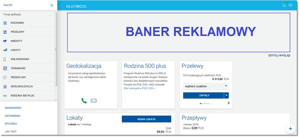 Nad obszarem zajmowanym przez pulpit, użytkownikowi może być także prezentowany baner reklamowy lub zestaw banerów reklamowych zdefiniowanych w systemie