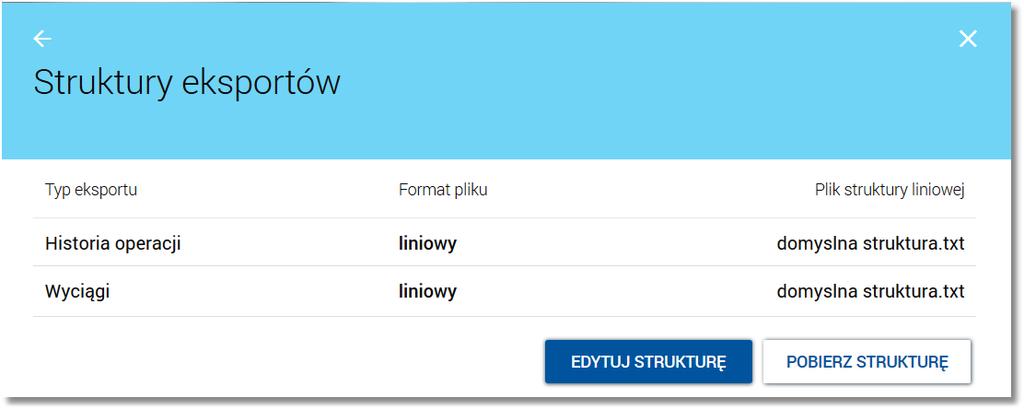 11.8. Struktury eksportów Wybór opcji Struktury eksportów umożliwia użytkownikowi zdefiniowanie struktury pliku eksportu w formacie liniowym dla historii operacji oraz wyciągów z rachunku.