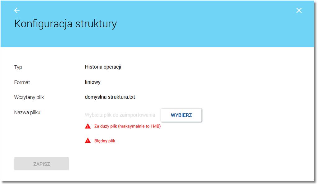 $header_recto_right_content Wybór przycisku [POBIERZ STRUKTURĘ] umożliwia podgląd aktualnie wgranej struktury pliku konfiguracji eksportu. [statement_linear.