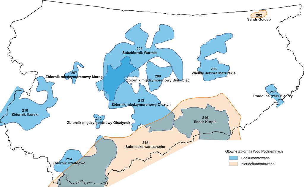 Rysunek 4 Główne zbiorniki wód podziemnych na terenie województwa warmińskomazurskiego 203 Dolina Letniki Źródło: Opracowanie własne na podstawie danych Państwowej Służby Hydrogeologicznej Na