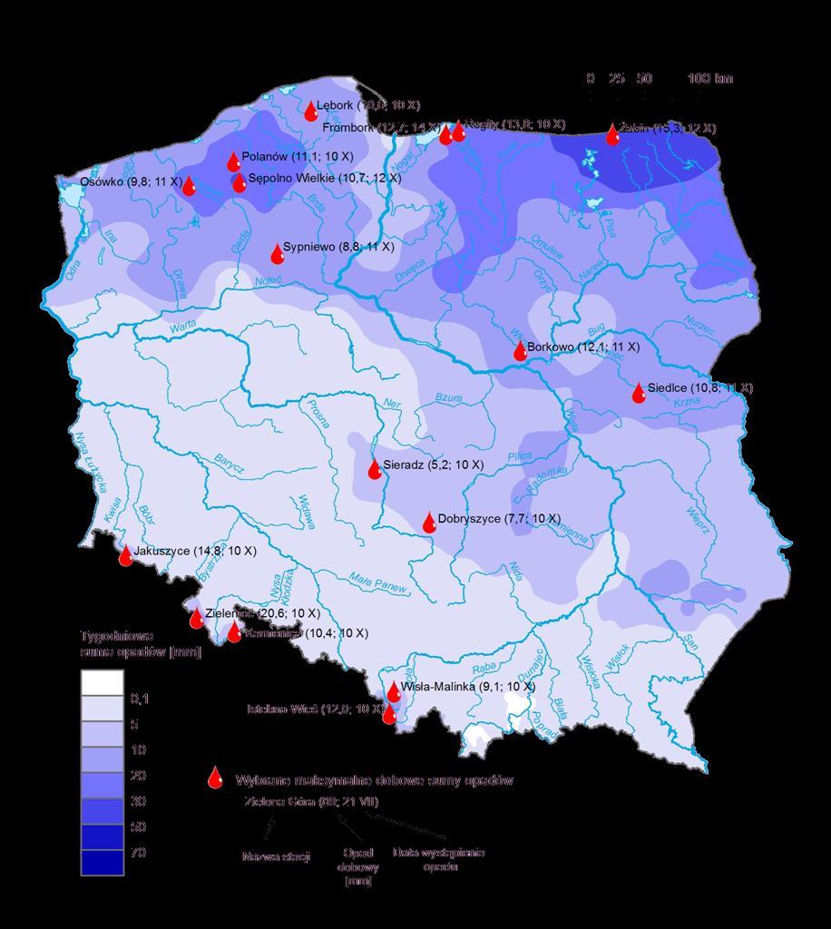 3. Rozkład tygodniowej sumy opadów oraz wybrane maksymalne dobowe