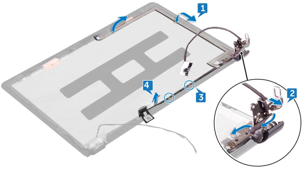 2 Wyjmij kabel wyświetlacza z prowadnic w zestawie zawiasu i wspornika wyświetlacza.