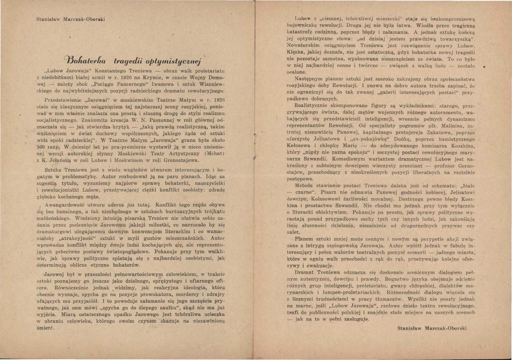 Stani~ław Marczak-Ob<1nki 93ohalerka tragedii oplgmislycuiej I Lubow Jarowaja" Konstantego Treniewa - obraz walk proletal'iatu z niedobitkami białej armii w r.