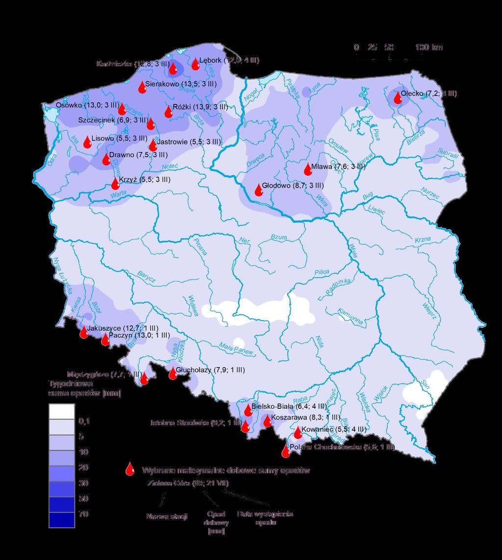 3. Rozkład tygodniowej sumy opadów oraz wybrane maksymalne