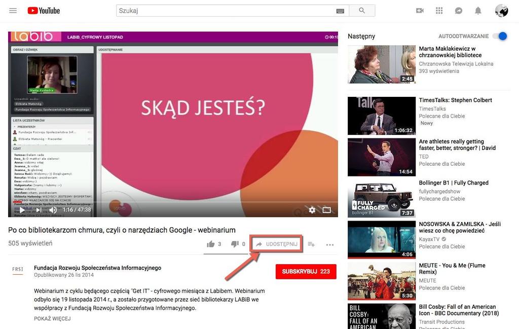 > Udostępnianie czyli opcje przesyłania dalej filmów z YouTube.