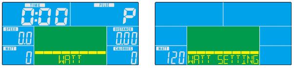 1) Naciśnij UP lub DOWN, aby wybrać program treningu, wybierz WATT i naciśnij ENTER, aby wejść. 2) Naciśnij UP lub DOWN, aby ustawić cel WATT.