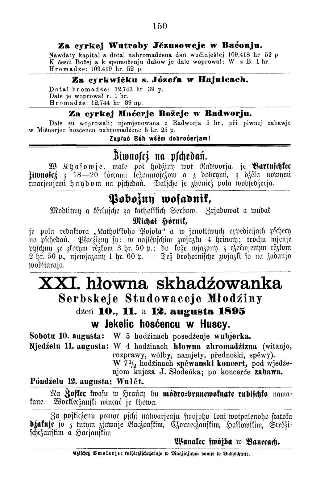150 Za cyrk ej W ntroby J ĕzu so w eje w B aćonju. Nawdaty kapital a dotal nahromadźena dań wučmještej 109,418 hr 52 p K česći Bože.i a k apomoüpnju dušow je dale woprował: W. z B. 1 hr.