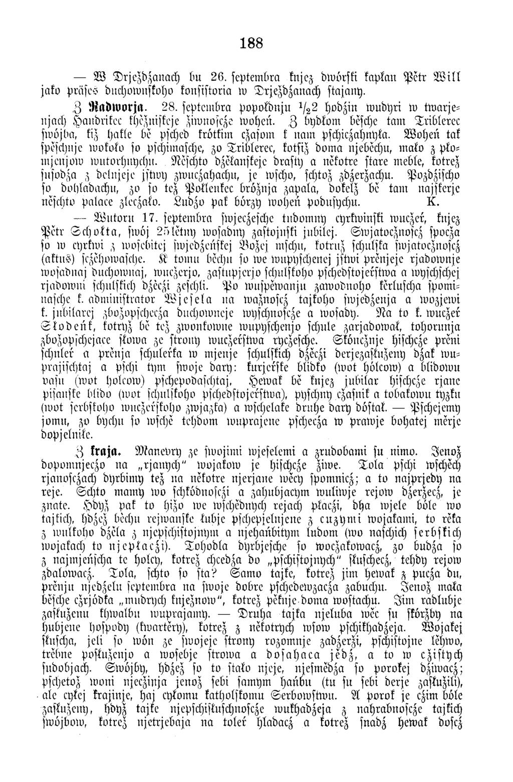 188 W D rjezdzanach bn 26. septem bra knjez dwvrski kapkan P e tr W i l l jako Präses dnchownskoho konsistoria w D rjezdzanach stajany. Z R a d w o r ja. 28.