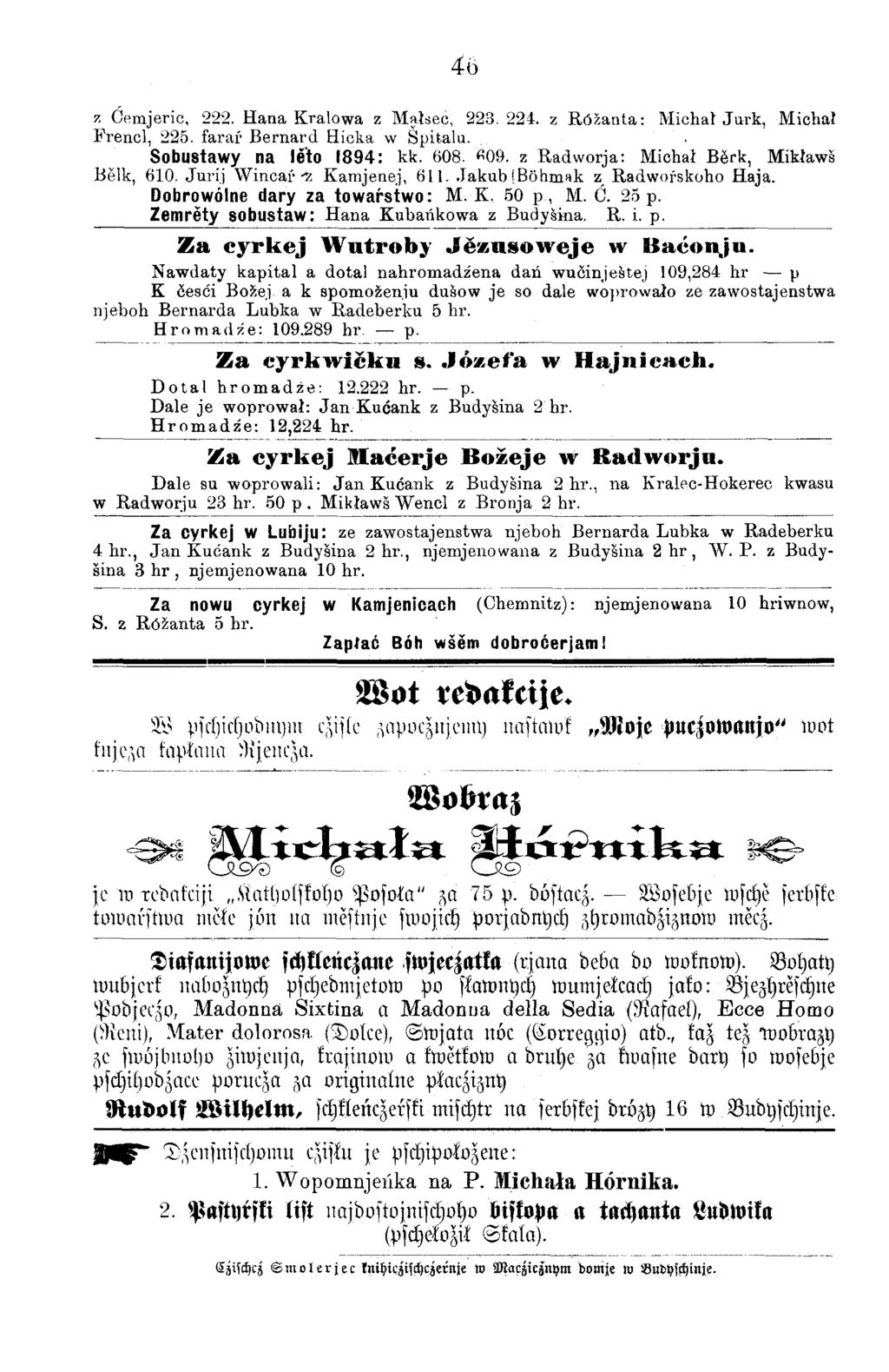 46 z Oemjeric, 222. Hana Kralowa z Malsec, 223. 224. z Rözanta: Michal Jurk, Miohai Fremd, 225. farař Bernard Hioka w Spitalu.. Sobustawy na leto 1894: kk. 608. 609.