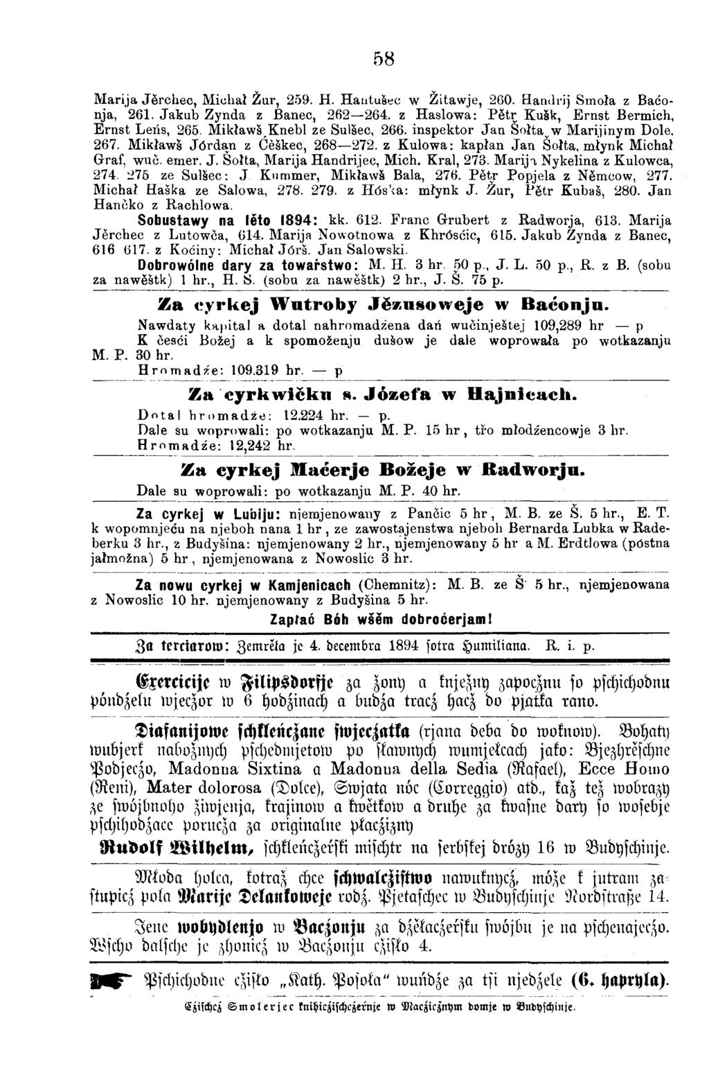 58 Marija Jĕrchec, Micliał Žur, 259. H. Hautušec w Žitawje, 260. Hamlrij Smola z Badonja, 261. Jakub Zynda z Banec, 262 264. z Haslowa: Pĕtr Kušk, Ernst Bermich, Ernst Leńs, 265.