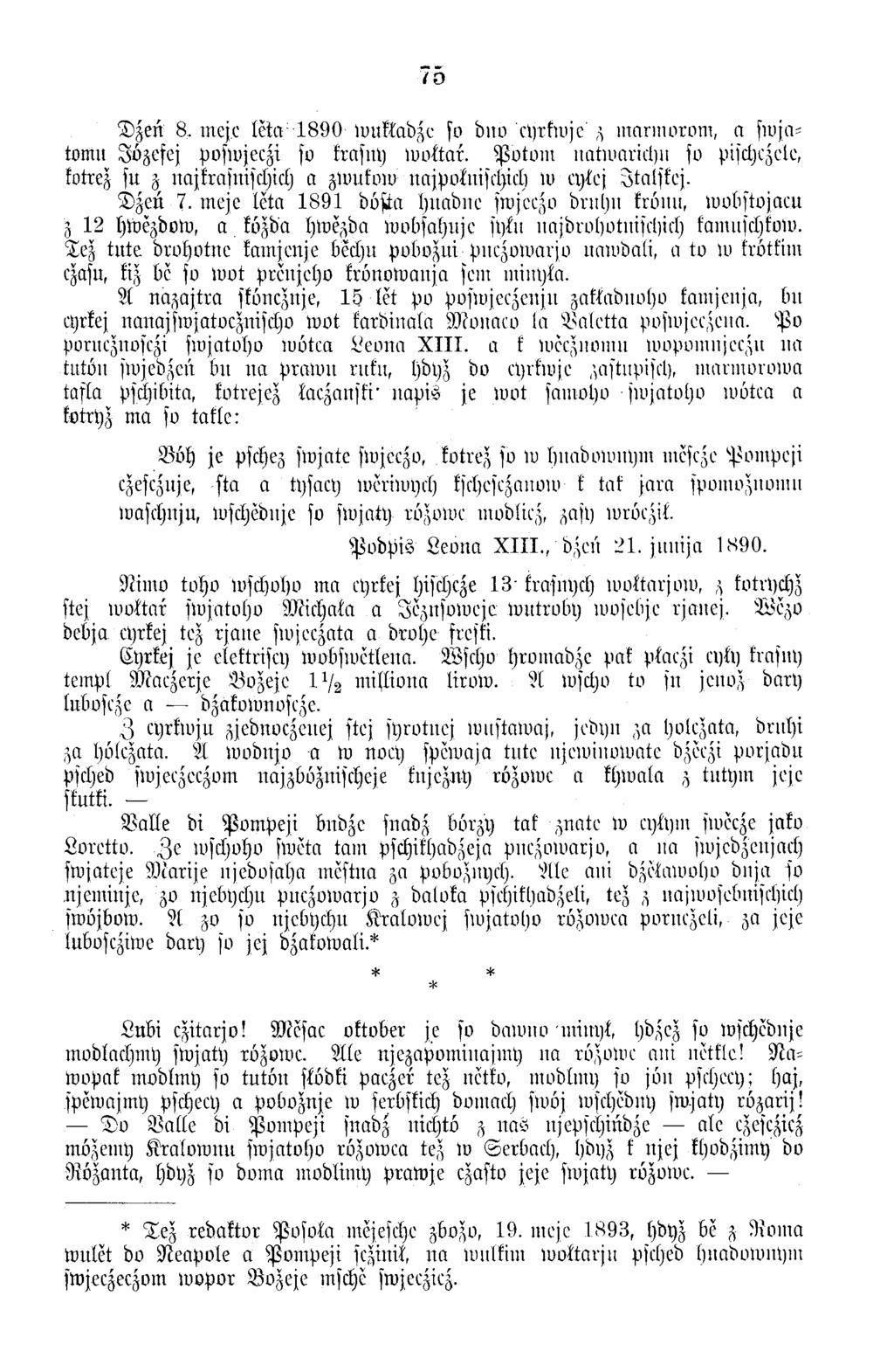 75 D z en 8. mej.c leta 1 8 9 0 touftab^c so bim cljrfiujc z m an n o ro m, a sw jatomu Jö zefej posw jeczi so krasny w o lta r.