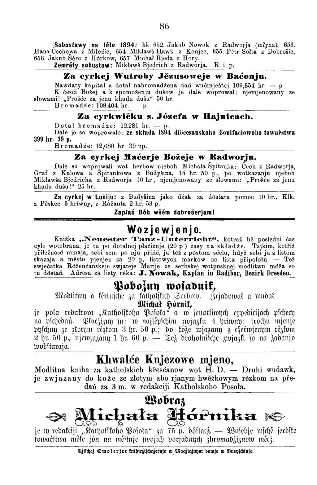 86.Sobustawy na lĕio 1894: kk. 652. Jakiib Nowak z Radworja (mlyna), 653. Hana Ceohowa z Milcdic, 654 Mikławš Hawk z Konjec, 655. P ř tr Šołta z Dobrošic, 656.