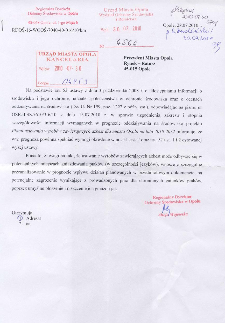 Załącznik nr 1: pismo Regionalnego Dyrektora Ochrony Środowiska w Opolu z dnia 28.07.