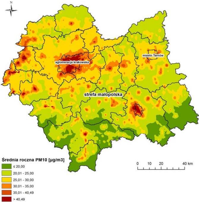 W dokumencie pn.: Ocena jakości powietrza w województwie małopolskim w 2015 roku przedstawiono rozkład średniorocznych stężeń zanieczysczeń jako wyniki modelowania skorygowane wynikami pomiarów.