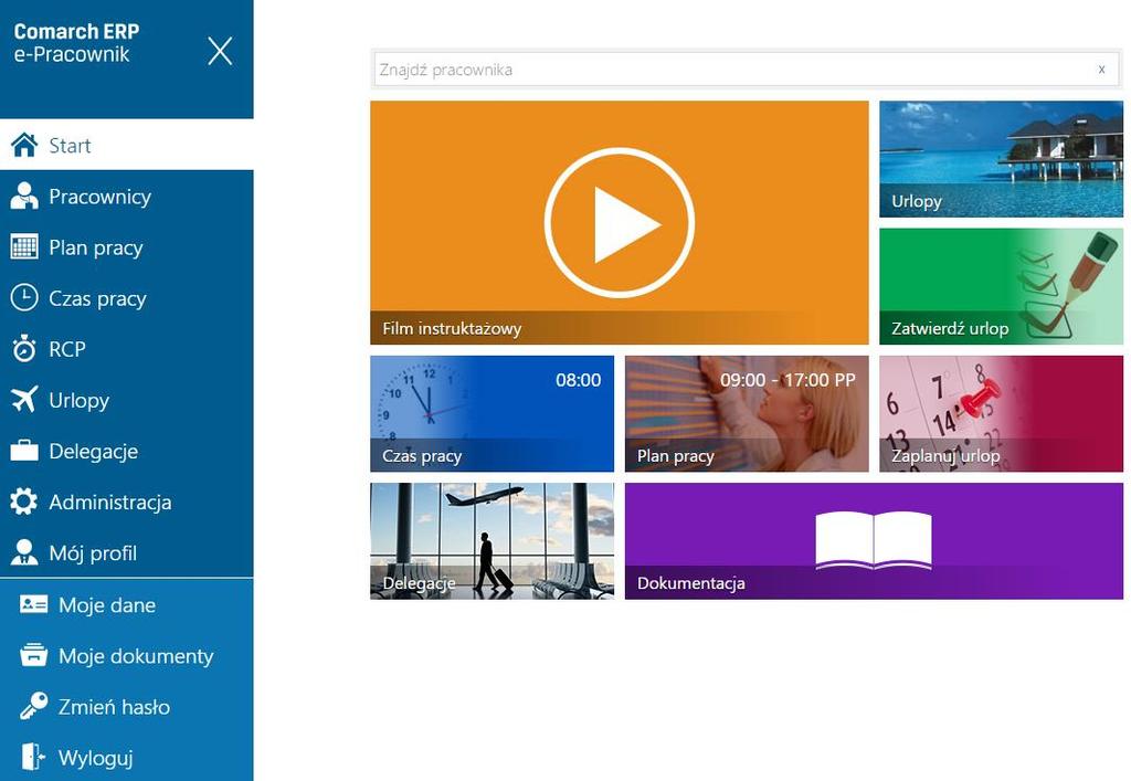 5 Start Bezpośrednio po zalogowaniu do aplikacji Comarch ERP e-pracownik pojawi się okno startowe, dzięki któremu można szybko przejść do najczęściej wykorzystywanych opcji. Są to m.in.