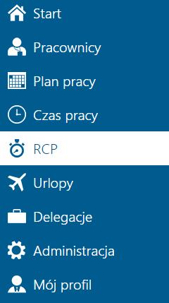 Rys. Menu główne RCP Wybierając z menu głównego RCP zostanie wyświetlony kalendarz w układzie miesięcznym dla zalogowanego użytkownika (analogicznie jak na Planie pracy i Czasie pracy).