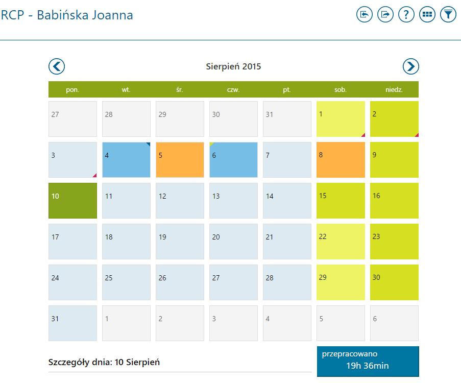 Rys. RCP kalendarz miesięczny Poszczególne dni na kalendarzu RCP oznaczono kolorami, które opisane są