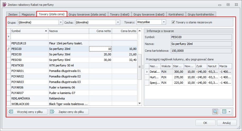 6.1.3 Towary (stała cena) W tej zakładce użytkownik, może wprowadzić stałą cenę dla poszczególnych towarów.