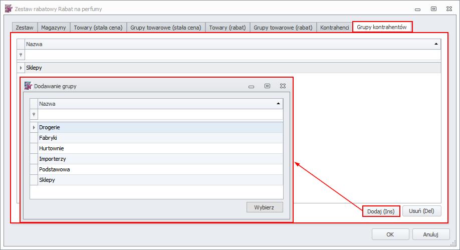 6.1.8 Grupy kontrahentów W tej zakładce użytkownik może wybrać grupy kontrahentów, dla których będzie obowiązywał tworzony zestaw rabatowy.