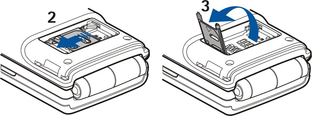 2. Aby zwolniæ uchwyt karty SIM, przesuñ go do ty³u (2) i otwórz, podnosz±c za krawêd¼ (3). 3. W³ó kartê SIM do jej uchwytu (4).